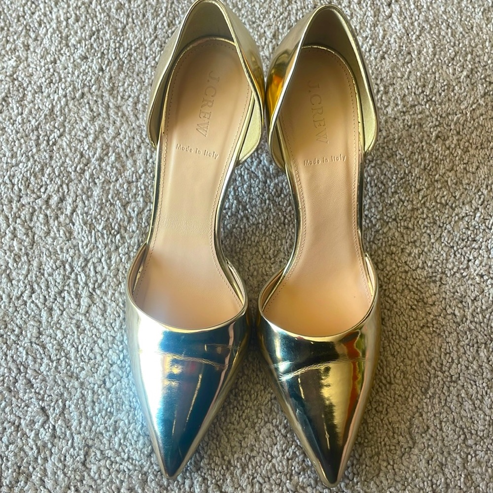 J Crew gold patent pumps